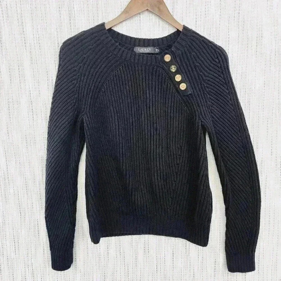 Lauren Ralph Lauren Black Label Women's Sweater Size MP Round neck Button Black - Picture 1 of 9